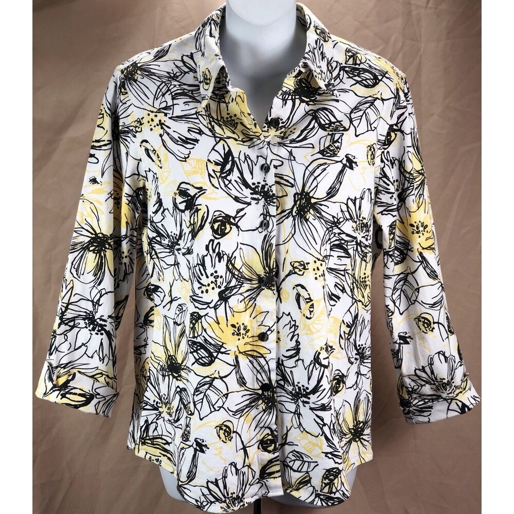Windridge top L yellow/Blk floral cuff 3/4 sleeve button Up Artsy Cottage Office